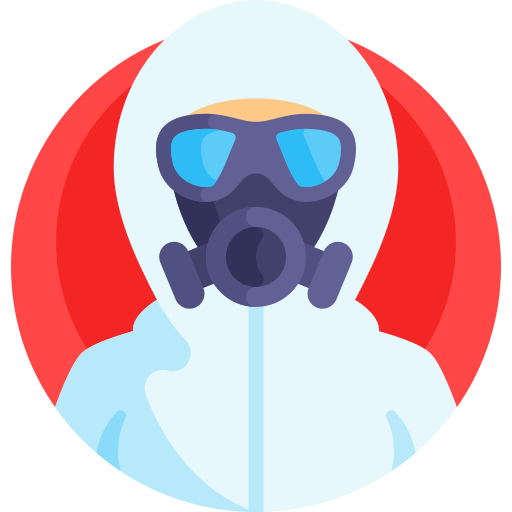 person depicted in a biosecurity mask and clothing